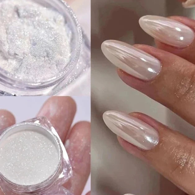 Aurora Pearl White Nails Glitter