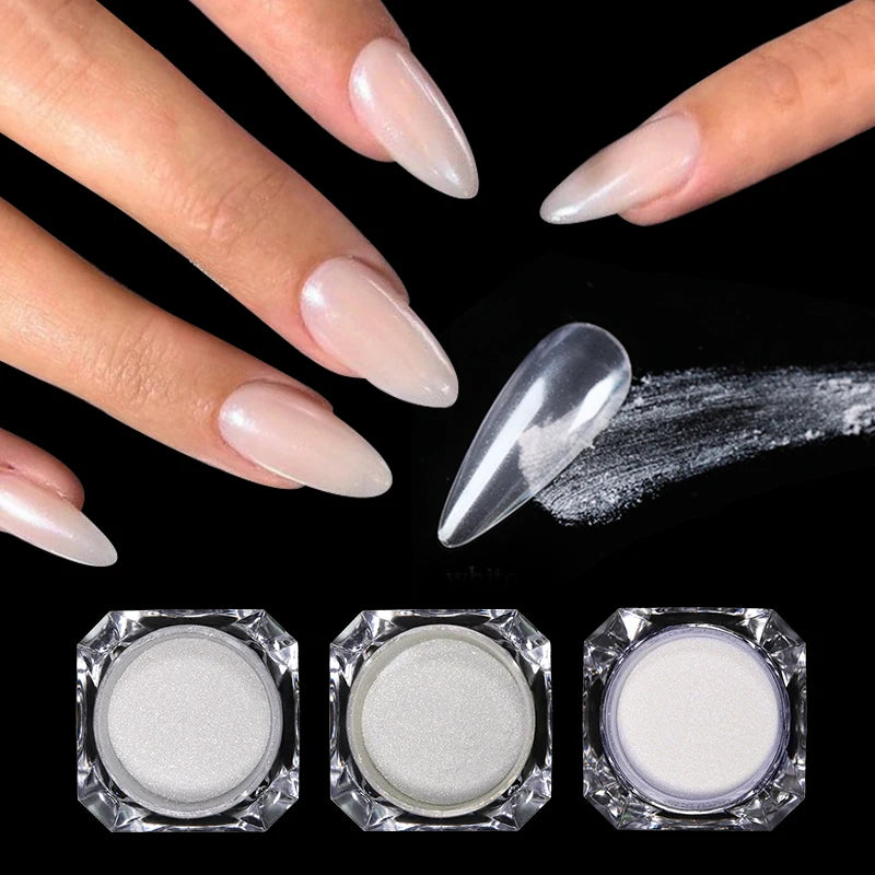 Aurora Pearl White Nails Glitter